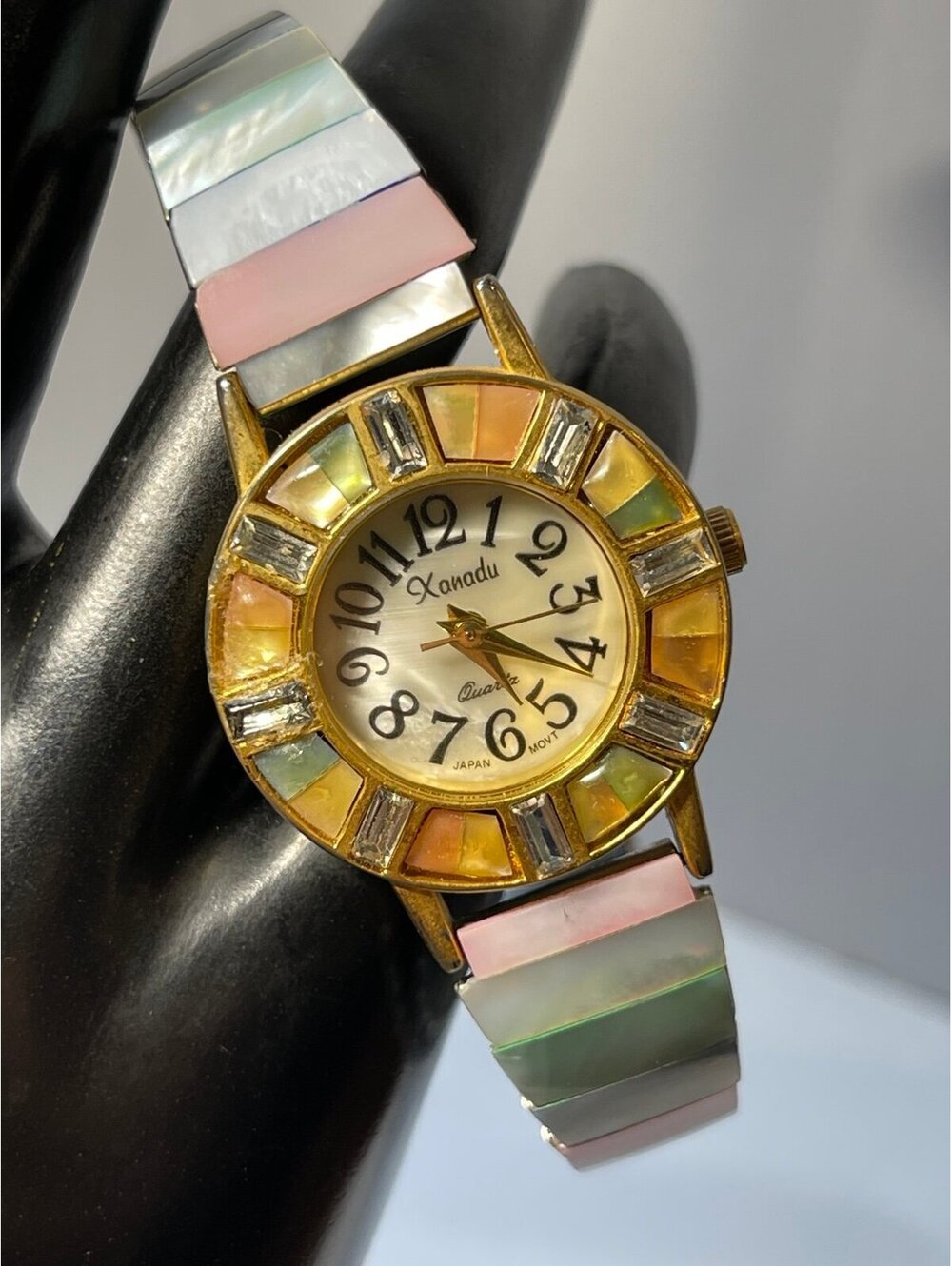 Pastel Mother of Pearl Xanadu Stretch Bracelet Watch Gold Tone Rhinestone Bezel